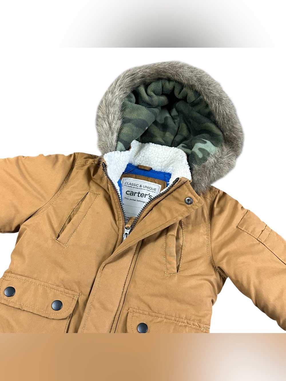Carter’s Toddler Boys Hooded Winter Parka Jacket 3T Brown Faux Fur Trim Coat